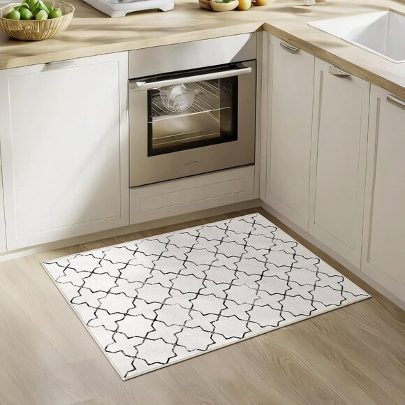 Moroccan Octagram Design Rug 2x3' Beige Black Distressed Non-Slip Washable Soft - Picture 5 of 7